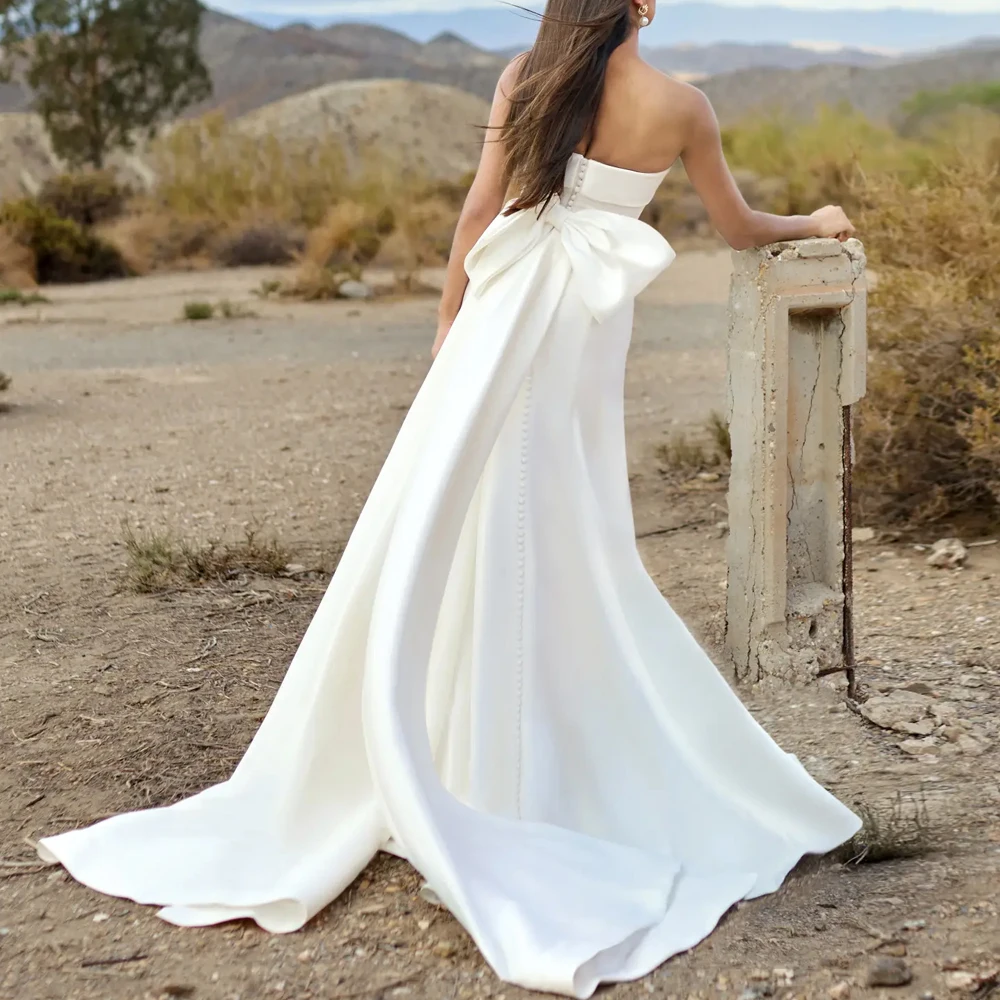 Mermaid Strapless Sleeveless Wedding Dress Customized Satin Bow Bride Gowns Open Back Fold Zipper Floor Length Vestidos De Novia