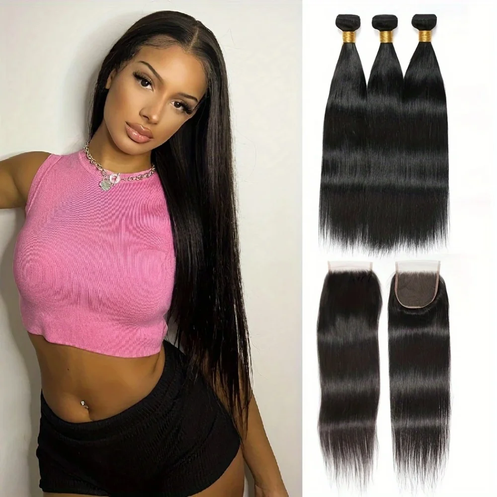 

10A Прямые пучки с застежкой 22 22 22 + 20 дюймов Пучки человеческих волос 100% необработанные человеческие волосы с застежкой HD Кружева