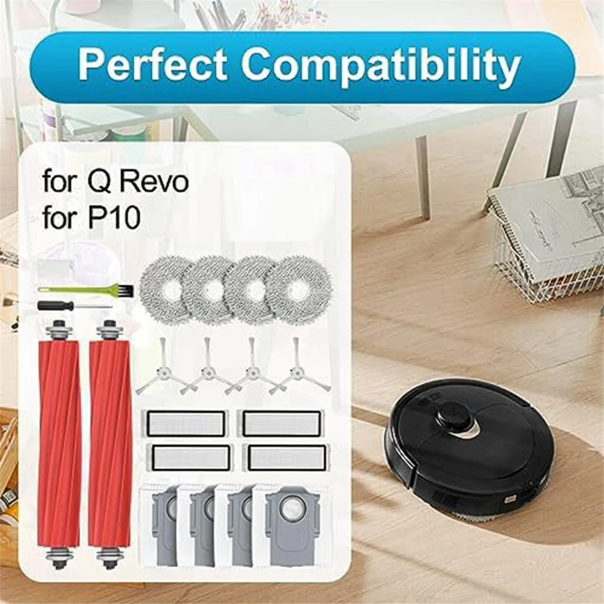 طقم قطع غيار Roborock Q Revo مع فرش رئيسية ، وسادات ممسحة ، وأكياس غبار ، وفلاتر HEPA ، وفرش جانبية ، وإكسسوار