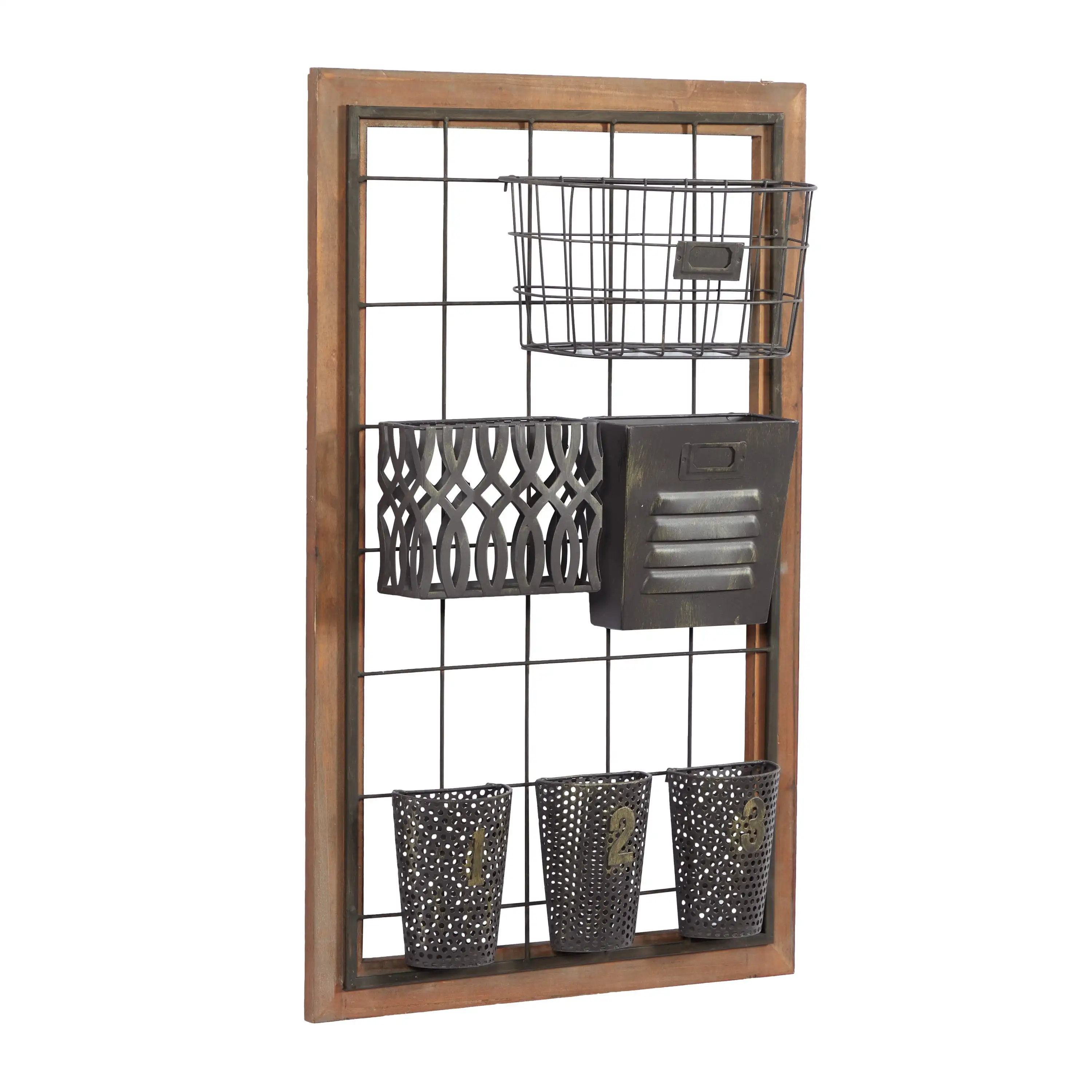 32" Brown Metal 1 Slot and 5 Baskets Magazine Rack Holder with Suspended Baskets and Label Slot