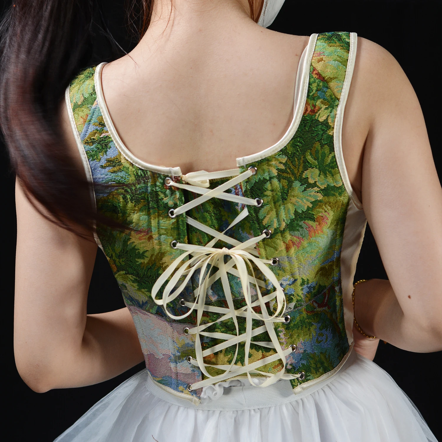 Vintage Oil Painting Print Corset Sexy Bustier Women Waist Trainer Low Cut Tie Up Ruffle Camisole Tanks Crop Top Bandage Girdle