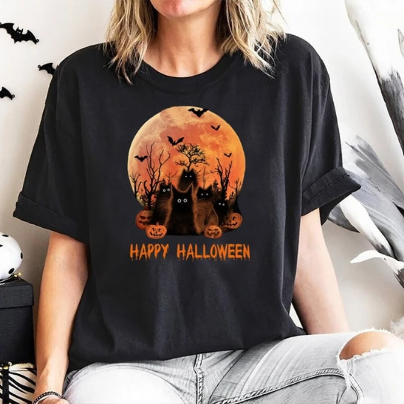 Witch Scary Halloween Shirt Ladies Funny Halloween Tee Gift Shirt Friends Birthday Trick or Treat Festival Tee Cat Pumpkin Night