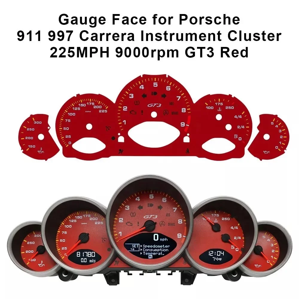 

For Porsche 911 997 Carrera Instrument Cluster Gauge Face 225MPH 9000rpm GT3 Red for Performance Monitoring