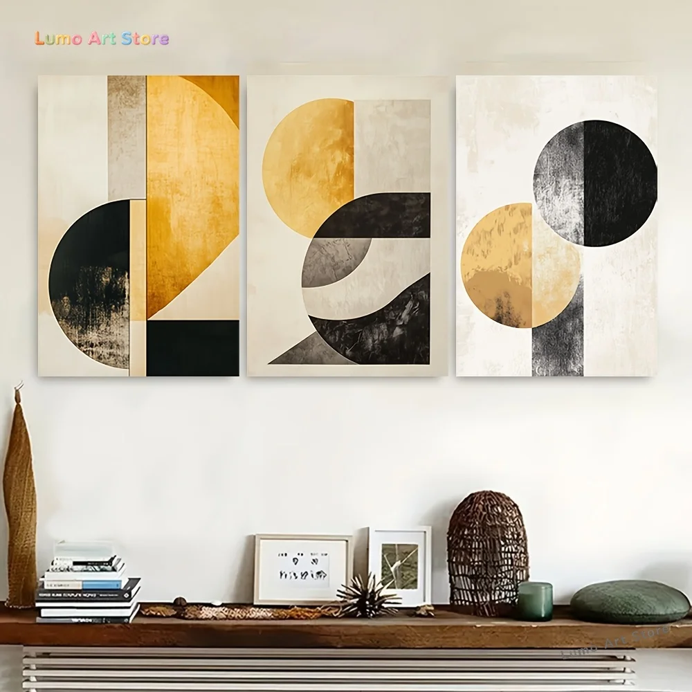 Set of 3 Abstract Deep Yellow Geometric Art Prints, 16X24 Inches (40X60 Cm), Classic Modern Style, Unframed Wall Decor Suitab