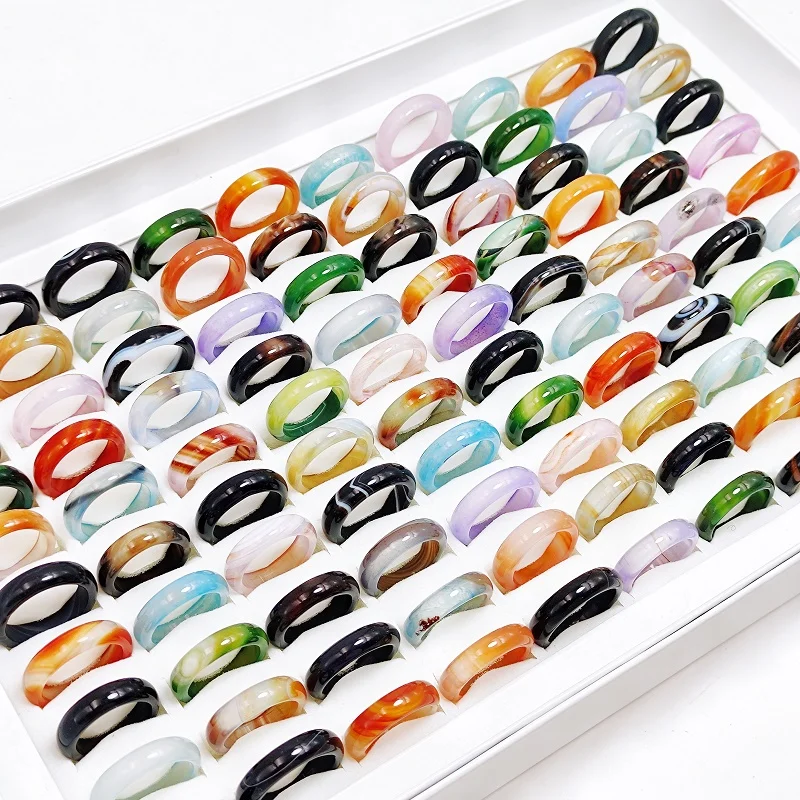 10/20/30Pcs/Lot Vintage MultiColor Natural Stone Agate Rings for Women\'s and Girl Carnelian Charm Finger Ring Jewelry Party Gift