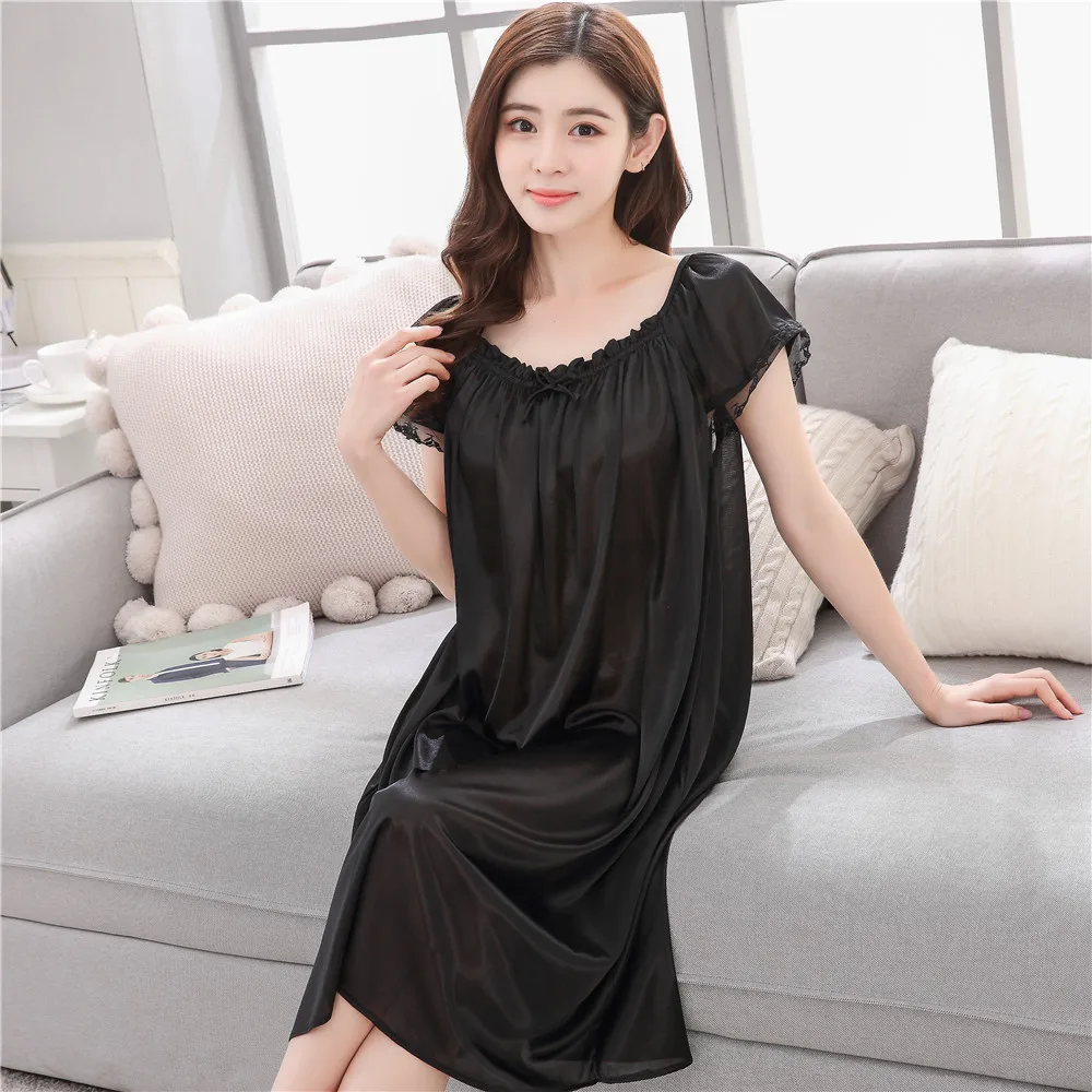 Women Nightgowns Satin Silk Sleepwear Soft Big Size S-XXL Nightwear Lace Dress Sexy Lingerie Gown Robe Homedress Nightdress