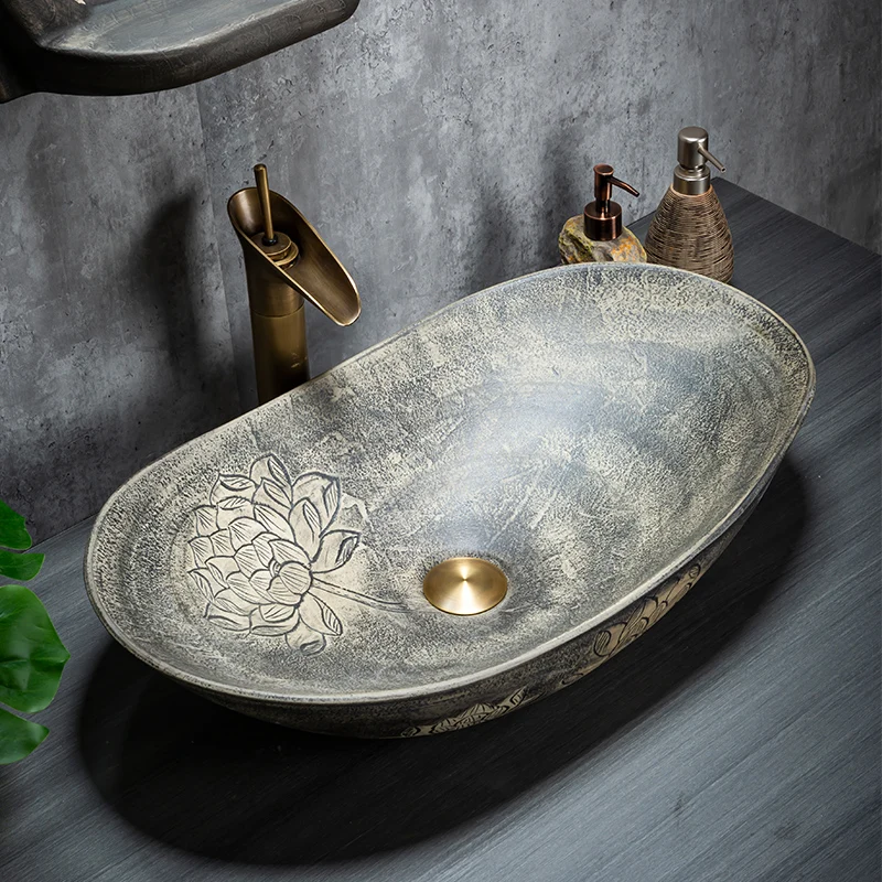On-stage wash basin Household retro ceramic   Anti-splashing water size Size Art basin Balcony Single