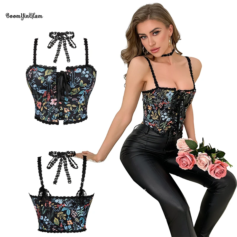 

Renaissance Waist Training Corsets Slimming Bustier Floral Print Vintage Satin Vest Tank Top Strap Corset For Women