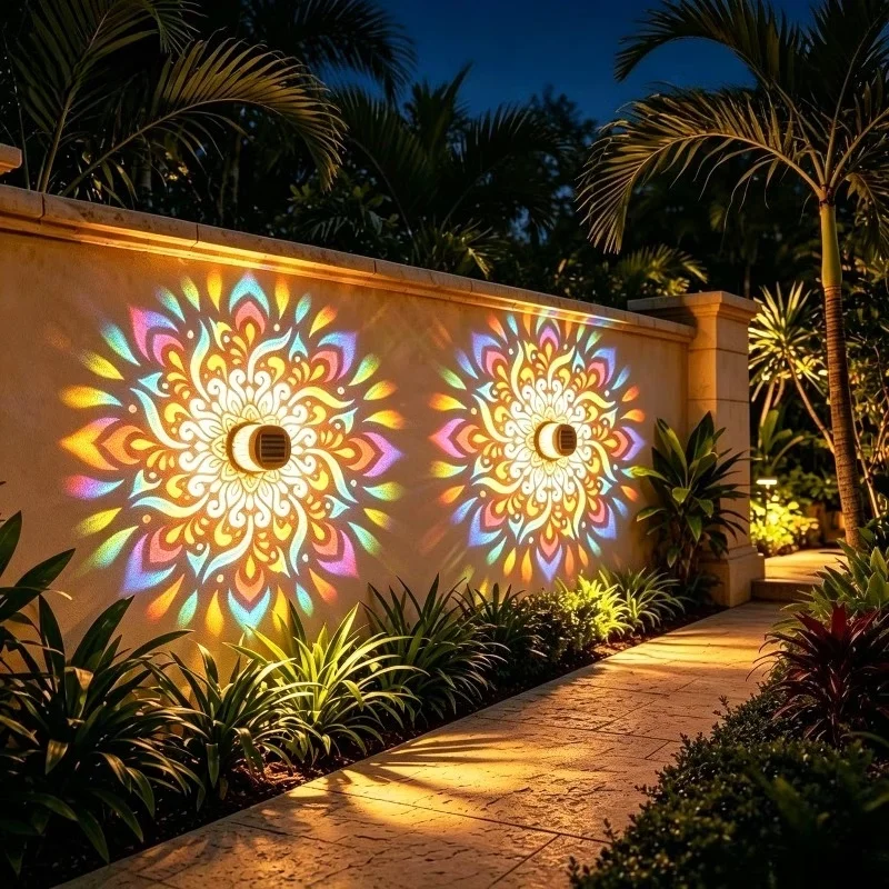 Color Changing Solar Mandala Wall Light Outdoor Garden Decorative Lantern Waterproof for Patio Fence Yard Pathway