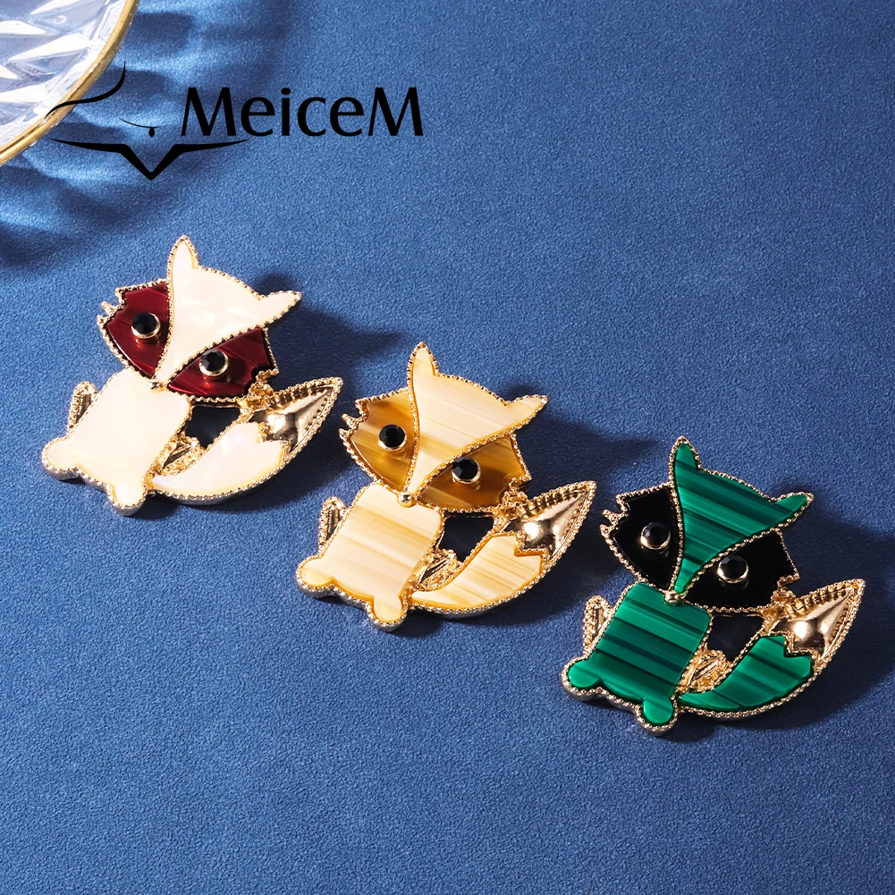 MeiceM Brooch Zinc Alloy Animal Series Cute Little Fox Color Drop Oil Cutout Exquisite Design Temperament Brooch For Women