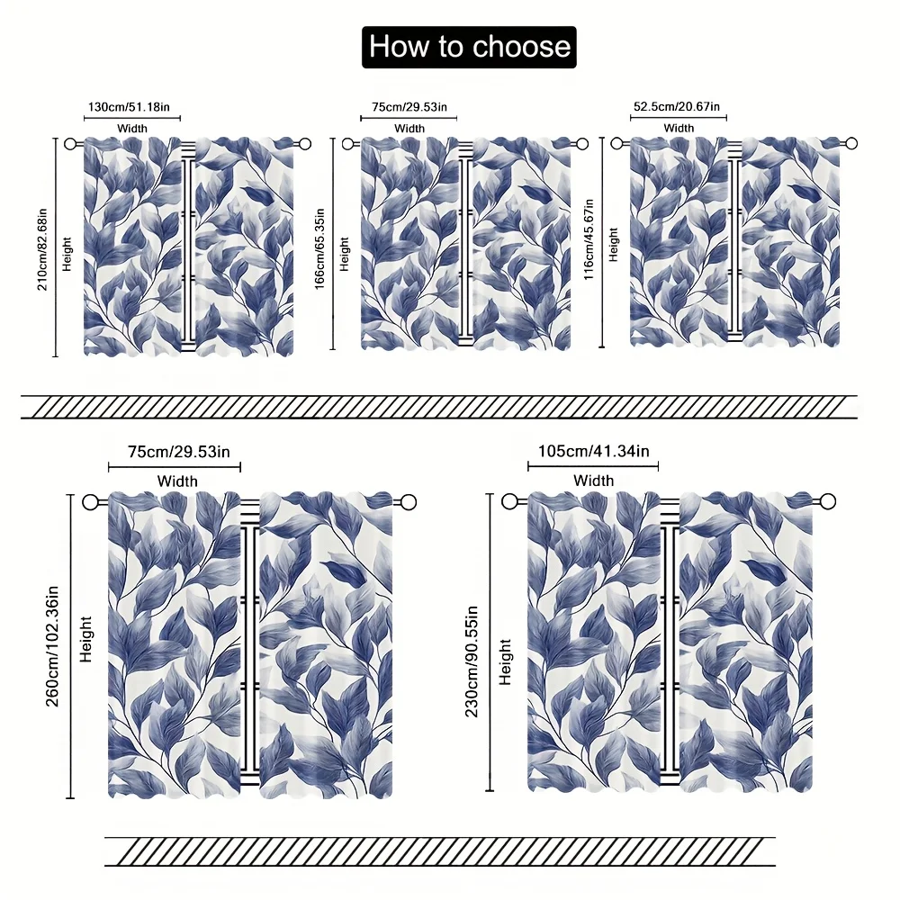 Blue leaf pattern plant watercolor art curtains, pole-mounted installation. Suitable for living room bedroom, dining room hotel