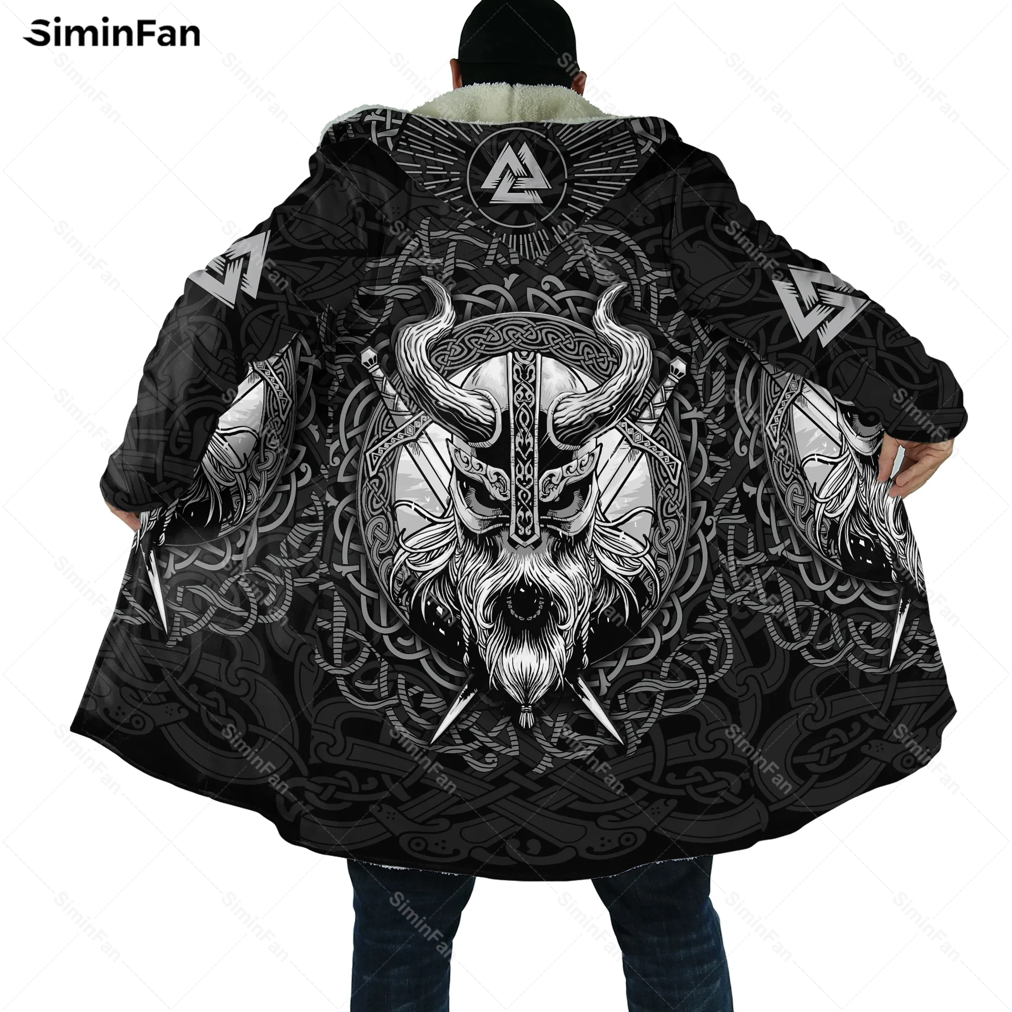 

Viking Odin Raven Tattoo Rune 3D Printed Warm Hooded Cloak Men Fleece Cape Robe Overcoat Unisex Winter Windproof Windbreaker 02