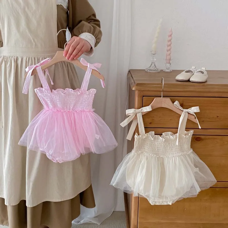 Newborn Princess Outfits Baby Strap Pink Tulle Romper One Piece Fairy Style Floral Tutu Dress Bebe Bodysuit Clothing Outfit