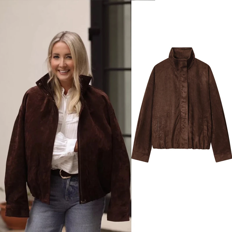 

Brown Zipper Jacket Women's Faux Leather Jacket Women's Jacket Suede Jacket 2025 Autumn Windbreak Long Sleeve Top For Woman