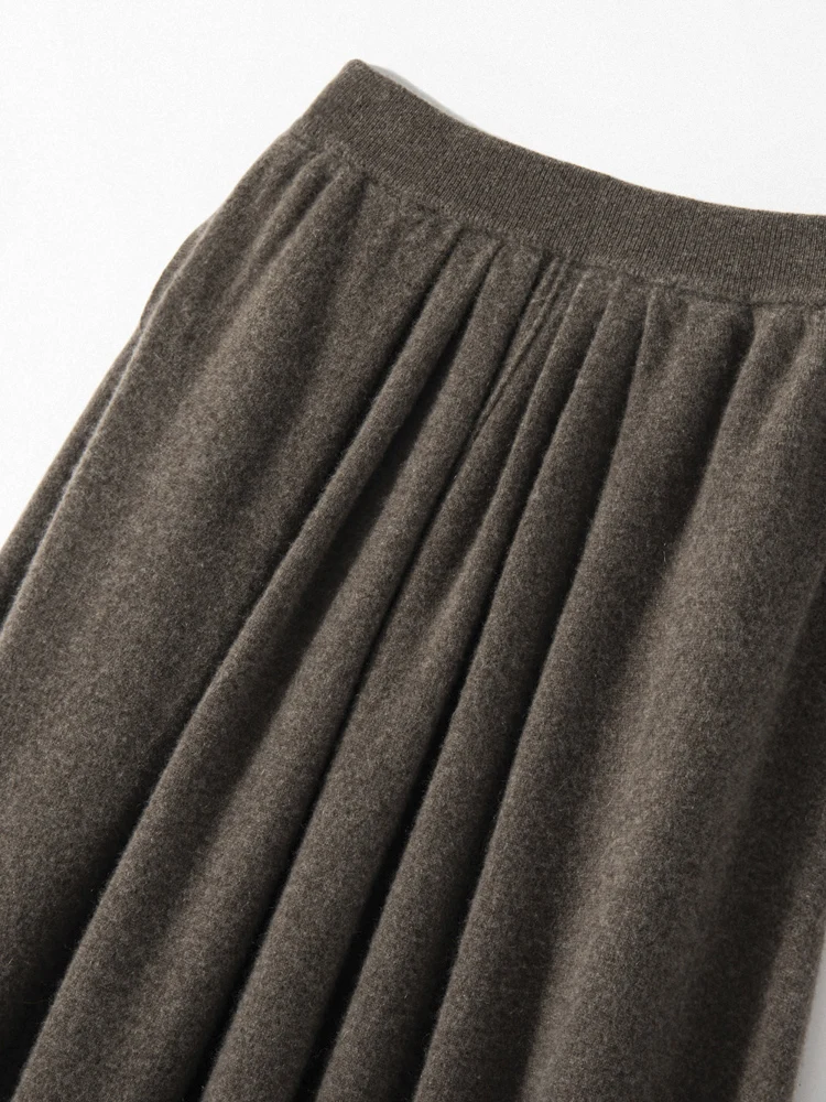

Women's Cashmere Umbrella Skirts Autumn Winter Basic Office Lady Classics 100% Cashmere Knitted A-Line High Waist Pockets Dress