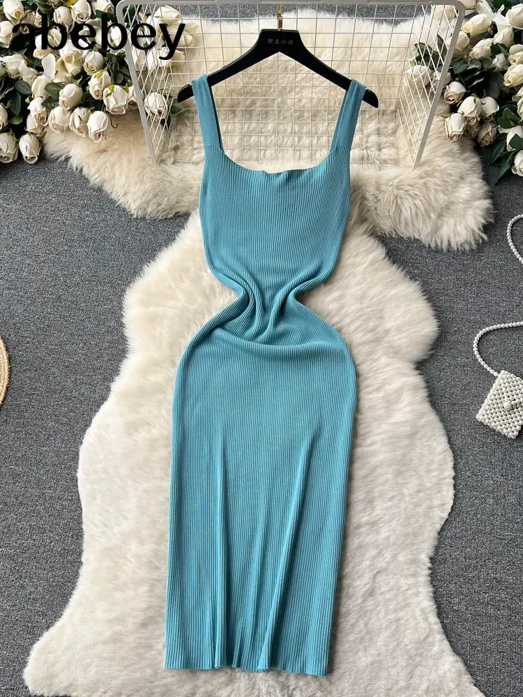 Summer Knit Sexy Strap Dress Women Tank Elatic Waist Bodycon Sundress Female Beach  Backless Maxi Long Dress