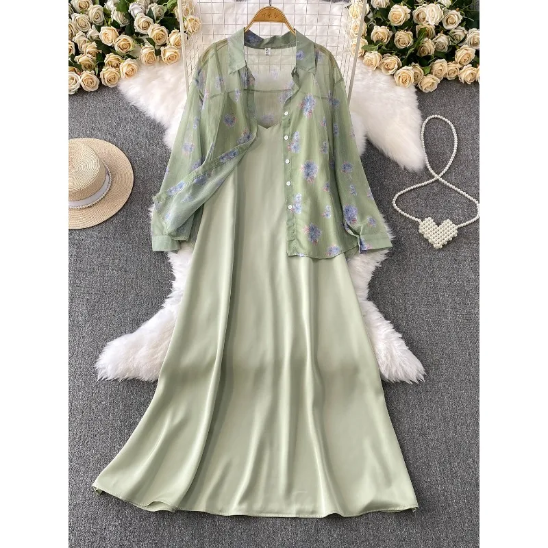 Ensemble deux pièces pour chemise de protection solaire, veste + robe longue ample, motif Floral bleu fin, à manches longues, costumes élégants à la mode, été 2026