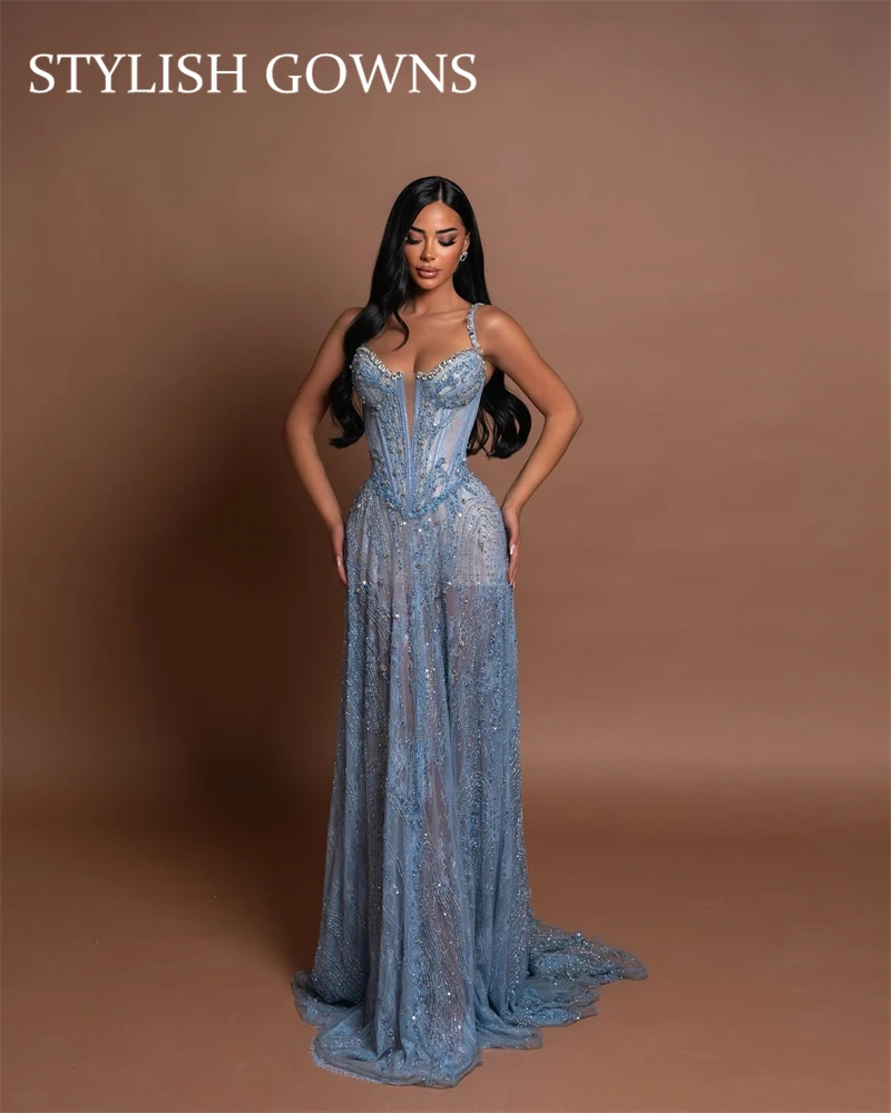 

Elegant Blue Sweetheart Dubai Arabic Evening Dress Beaded Dubai Women Wedding Party Gowns Customized جديد في الأطقم الكامل