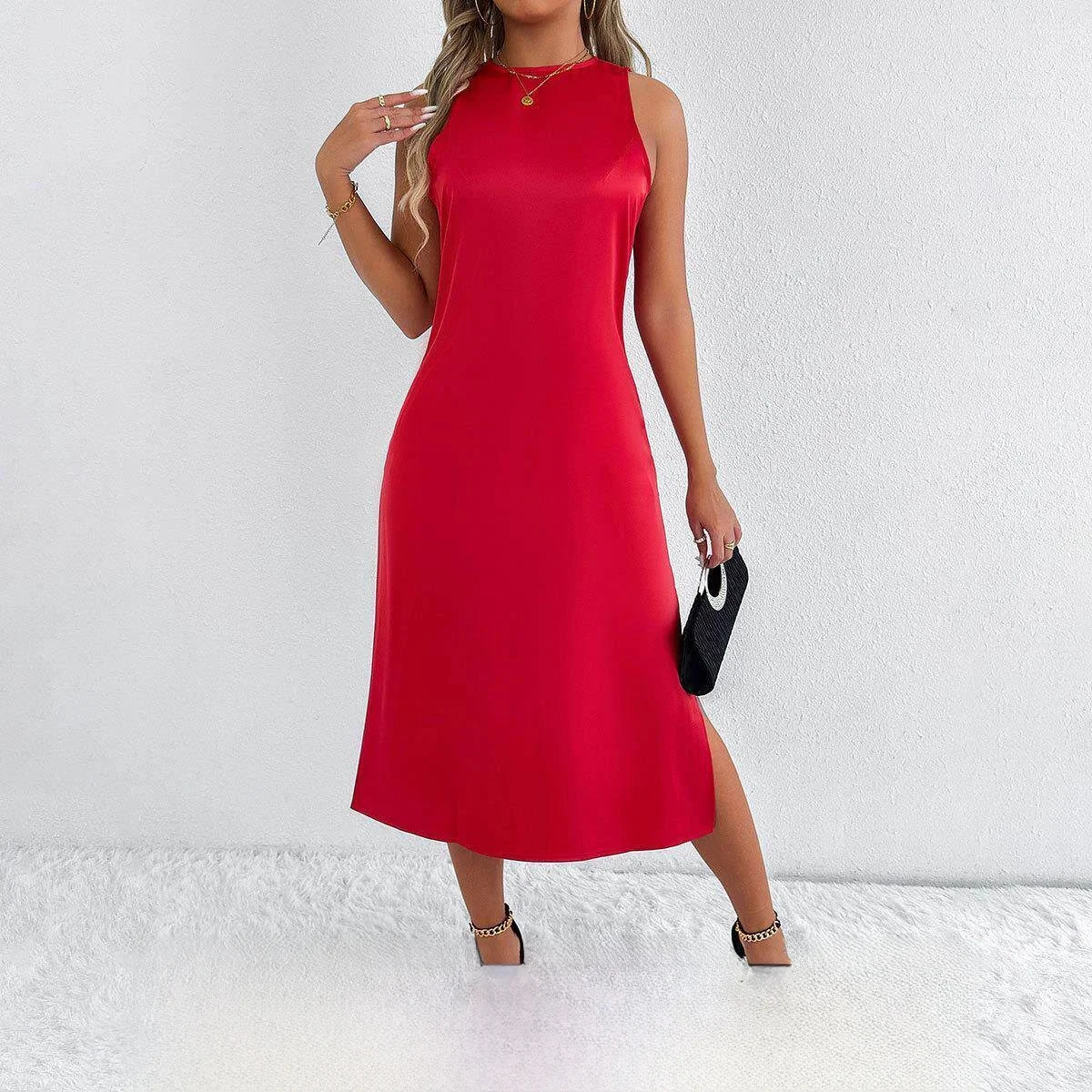 Elegant Satin Women's Dress Independent Station Spring Summer High-End Feeling  Long Skirt No Brand Chinese Made