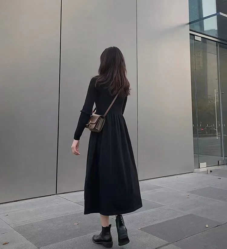 Francês preto malha camisola vestido novo cabido gola alta ruched emendado a linha vestido feminino versátil na moda camadas peça outono