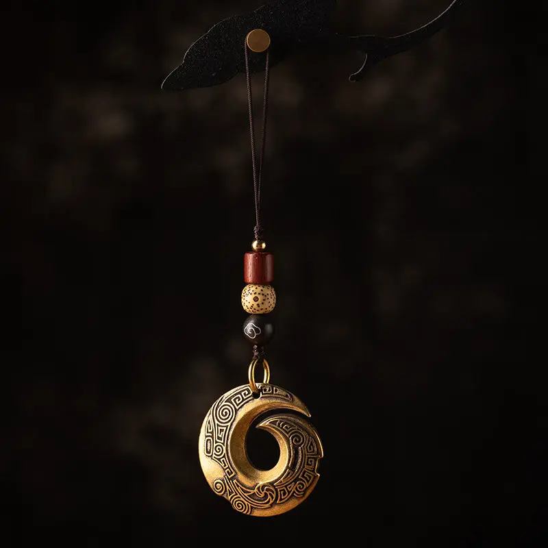 Chinese Good Luck Rotatable Brass Hanging Ornament, Retro Key Chain Phone Lanyard U Disk Pendant Couple Gift