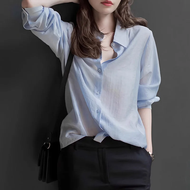 Primavera outono elegante blusa feminina fina 2025 novo azul manga longa único breasted coreano casual solto senhora do escritório camisa feminina