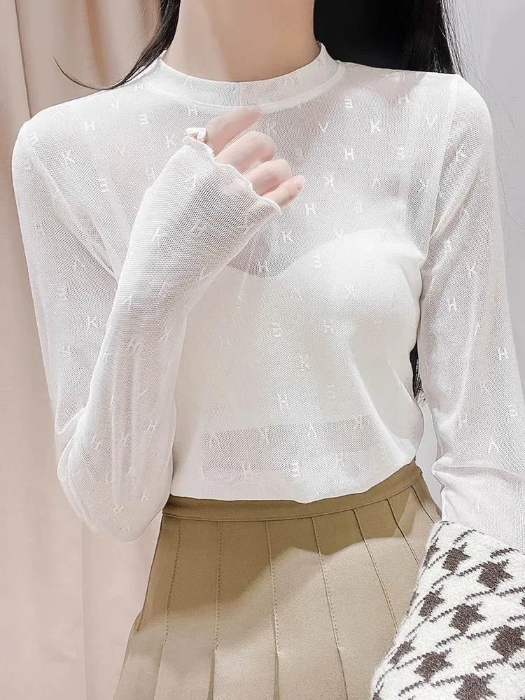 Biała koronkowa bazowa koszulka damska na lato, ochrona przed słońcem, siateczkowa bielizna, top.