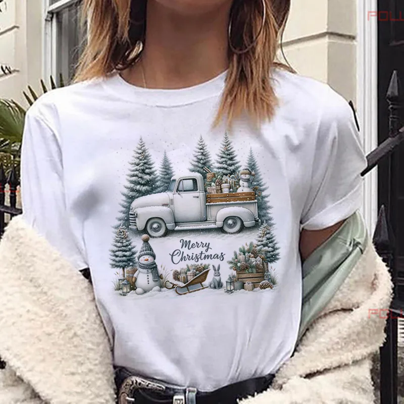 2024 Cute Merry Christmas Rabbit Snowman Women Clothing Y2k T-shirts White Casual Graphic T Shirts
