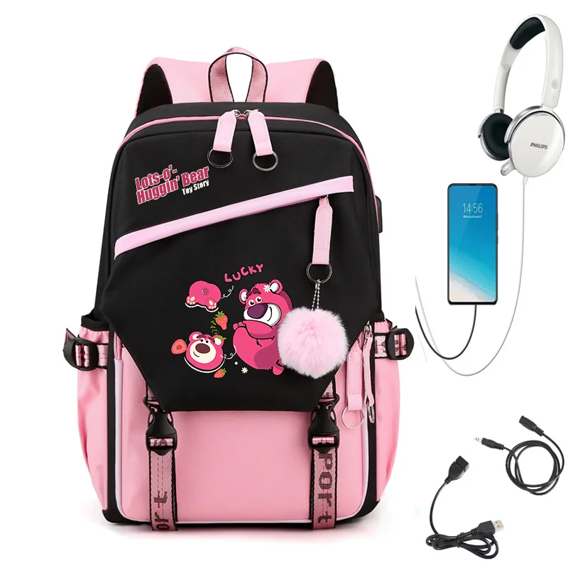 

MINISO Toy Story Lotso USB Charging Schoolbag Male and Female Student Backpack Anime Cartoon School Bag Mochila