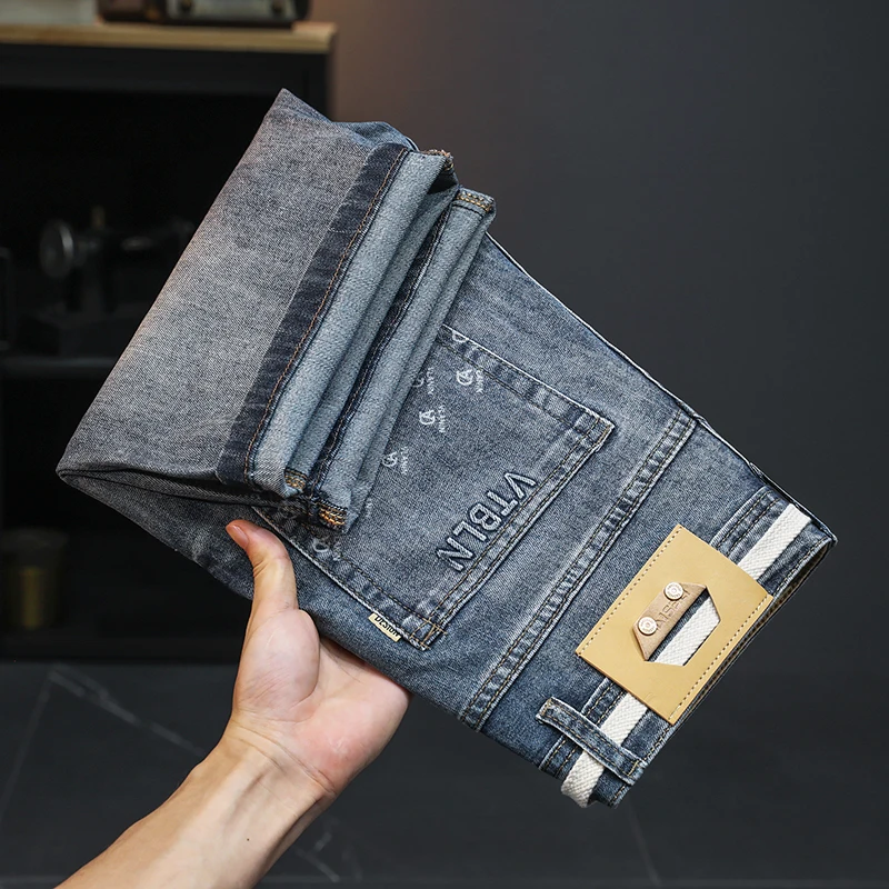 2024New Versatile Summer Thin High-End Denim Shorts Men's Stretch Casual Fashion Printing Loose Straight Fifth Pants