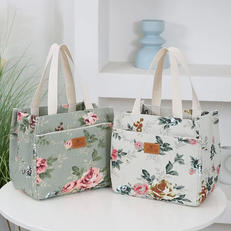 Aesthetic Floral Print Lunch Bag, Insulated Large Capacity Bento Bag, Thermal Cooler Handbag For School, Work, Travel & Picnic