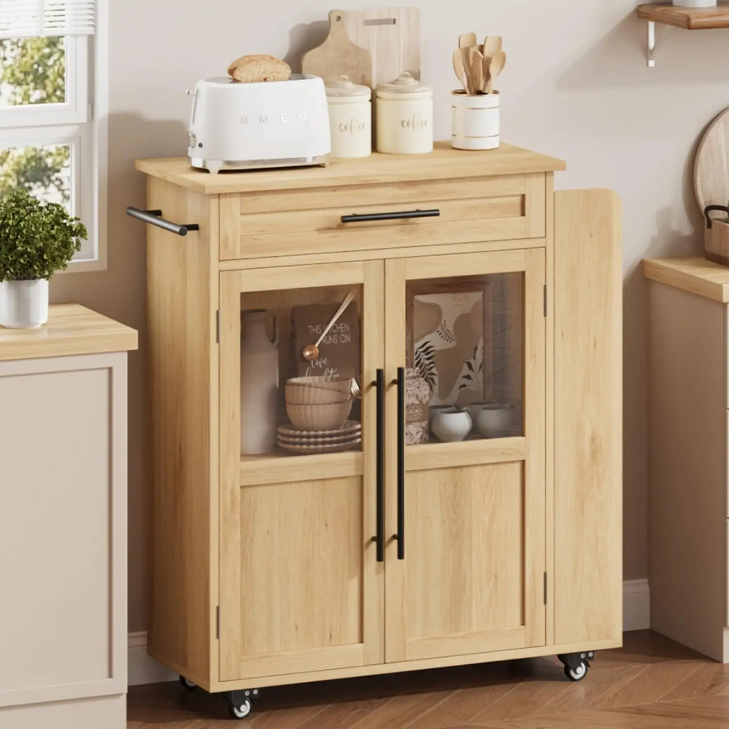 Solid Wood Kitchen Island Cart with Drawer & 3-Tier Shelves, Locking Wheels Mobile Storage for Small Kitchens, Customized