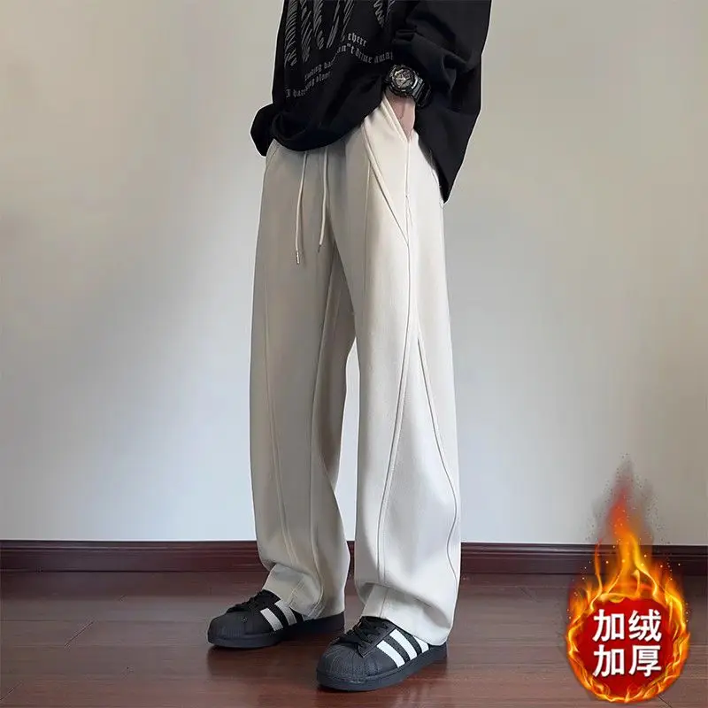 

Winter Men’s American Style Wide-Leg Sweatpants Heavy Fleece Lined Streetwear Pants Patchwork Draped Straight Scimitar Joggers