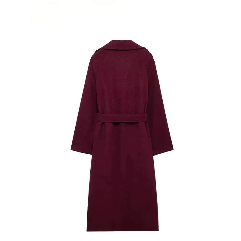 TRAFZA 여성 가을 ​​우아한 특대 부르고뉴 윈드 브레이커 긴 소매 옷깃 더블 브레스트 벨트 통근 겉옷 코트