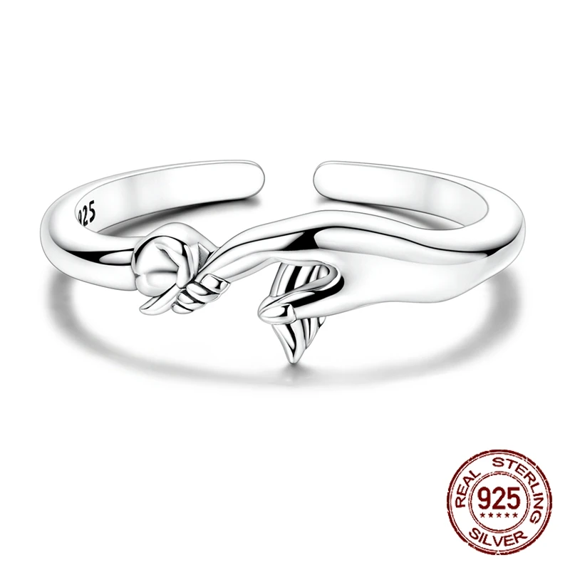 Original 925 Sterling Silver parent-child hand in hand Open Rings for Women Girls Jewelry Birthday Anniversary Gifts