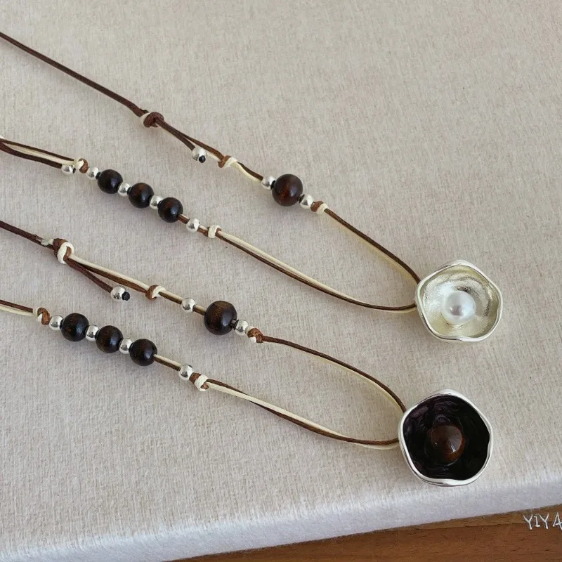 Double Layer Imitation Pearl Pendant Necklace with Adjustable Rope Chain