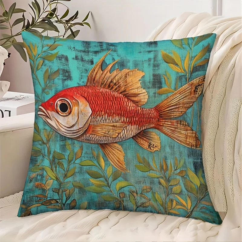 Vibrant Tropical Fish and Green Foliage Print Throw Pillow Cover for Sofa Couch Cushion Home Decor
