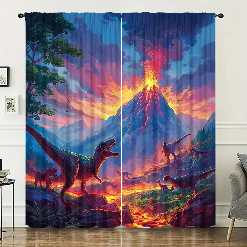 Volcanic Dinosaur Group Curtain, installed using pocket rod method, suitable for bedrooms, living rooms balconies and decoration