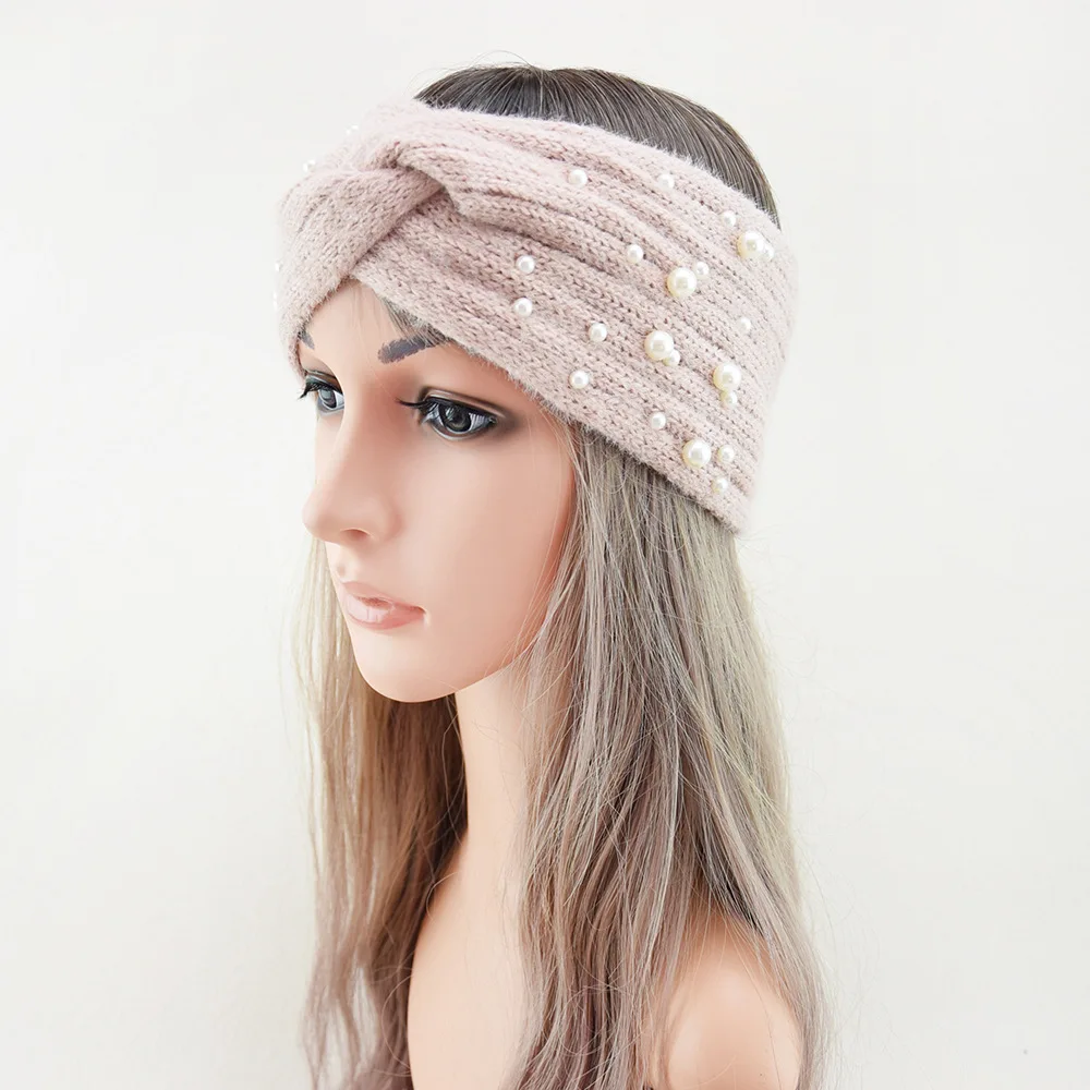 Perlen-Stirnband, Winter-Ohrwärmer, gestrickt, Kreuz-Headwrap, Turban, breite Krempe, Kopfbedeckung für Damen und Mädchen, modischer Haarschmuck – Detail 2