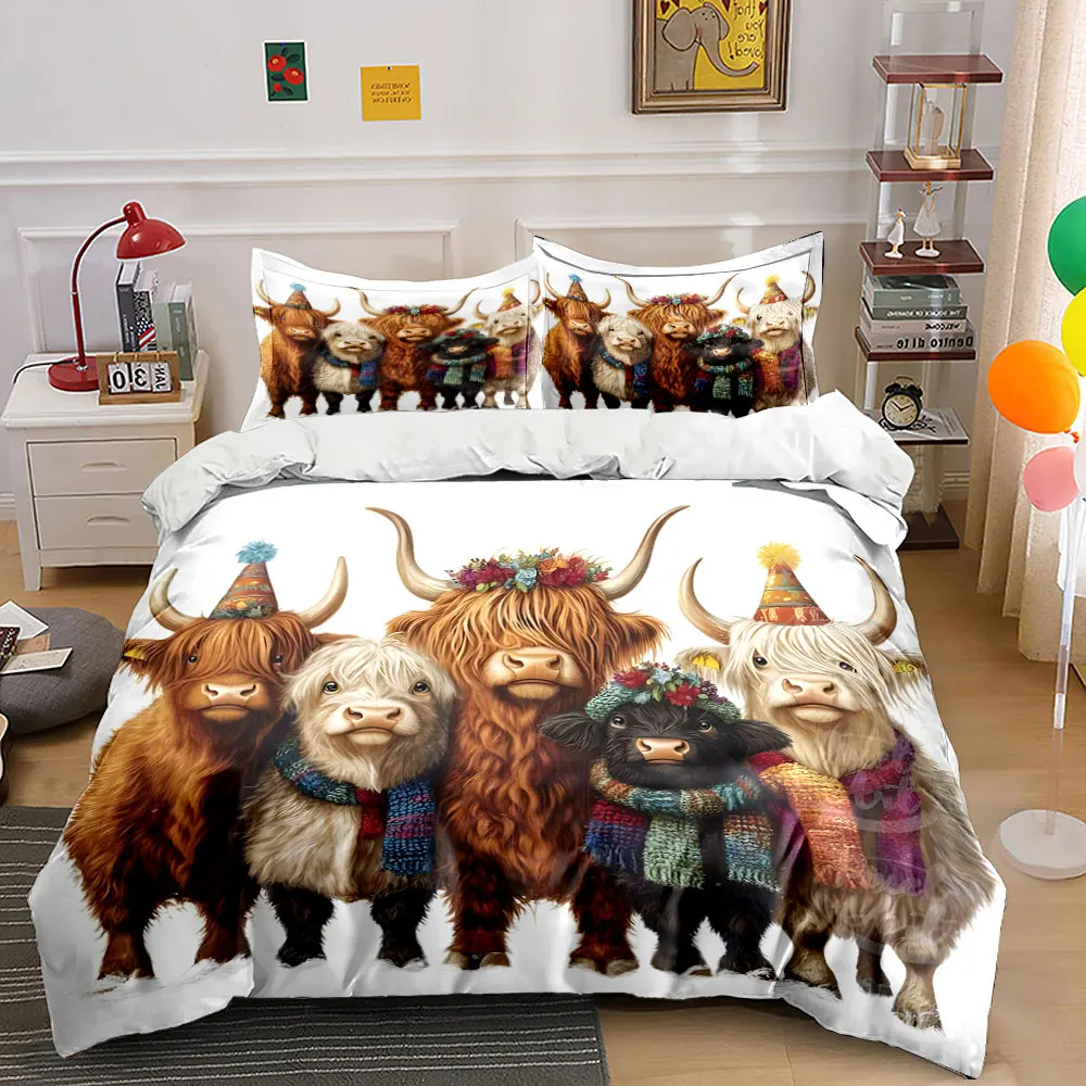 

Five fluffy cows celebrating party Pattern Duvet Cover Set Digital Print Colorful Polyester Bedding with Zipper Closur for gifts