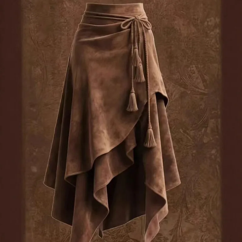 American Retro Asymmetry Suede Midi Skirt for Woman Bohemian Style Rope Vintage Autumn Winter Retro Street A-Line Skirts Lady