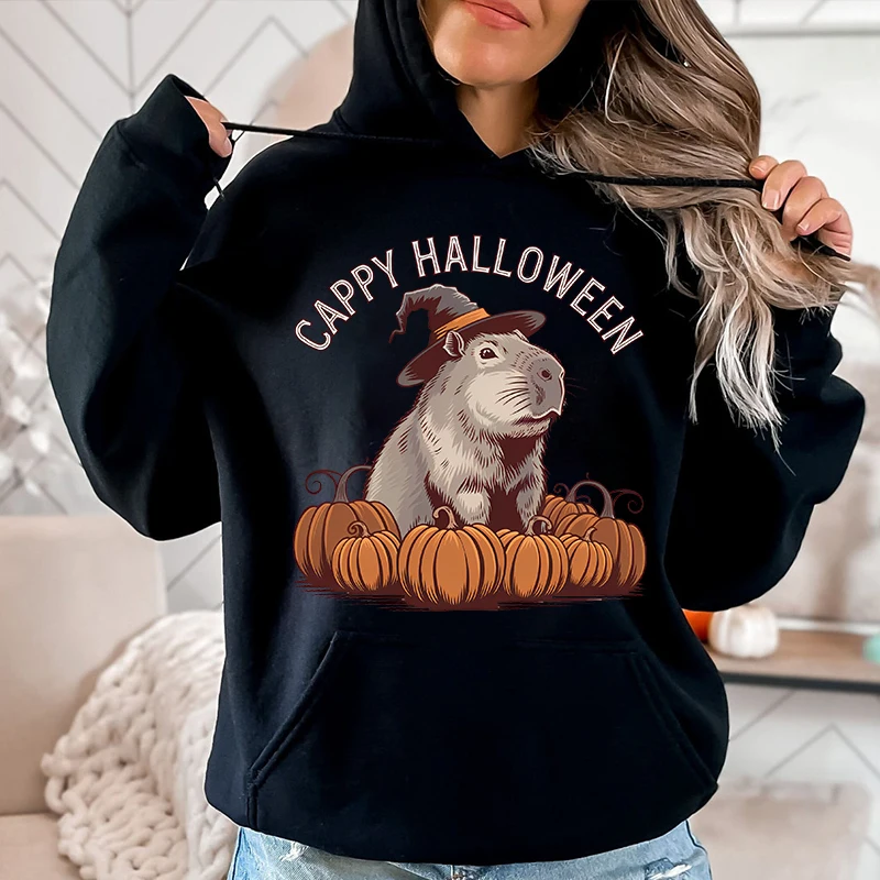 Cappy Capy Halloween Capybara Kawaii Pumpkins Printed Women's Autumn and Winter Hoodies Plus Velvet Sweater Loose Tops