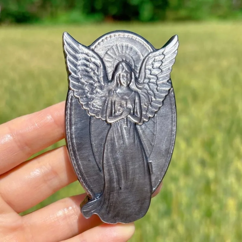 Natural Silver Sheen Obsidian Angel Sculpture, Winged Angel Stone Craft Ornament, Tabletop Home Decor Collectible Gift