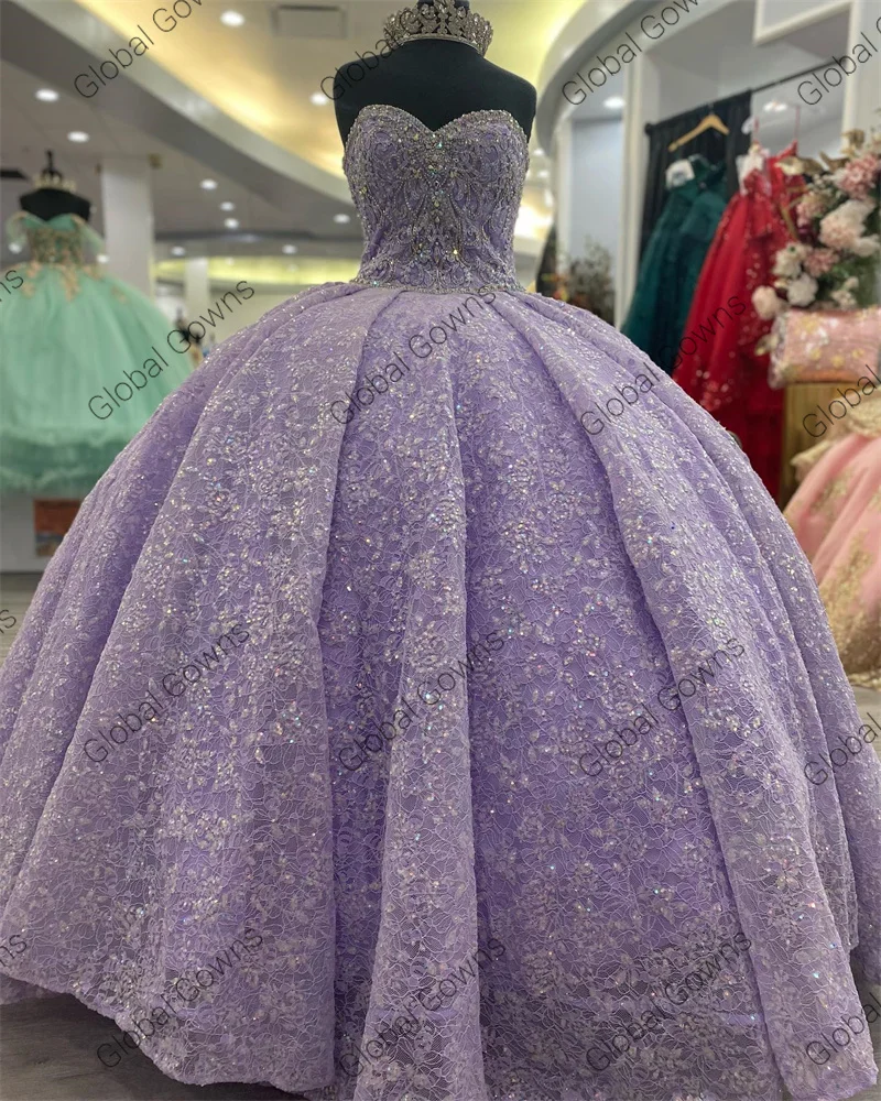 Vestido de fiesta púrpura brillante con escote corazón para niña, vestido de fiesta de cumpleaños con cuentas de vestido para quinceañeras, con lazo para graduación en la espalda