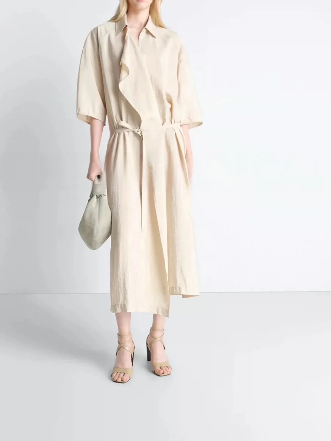 Casual Asymmetrical Simple Short Sleeve Shirt Dress Belted Waist Dry Thread Tie Spring Summer Elegant Style Women's Dress
