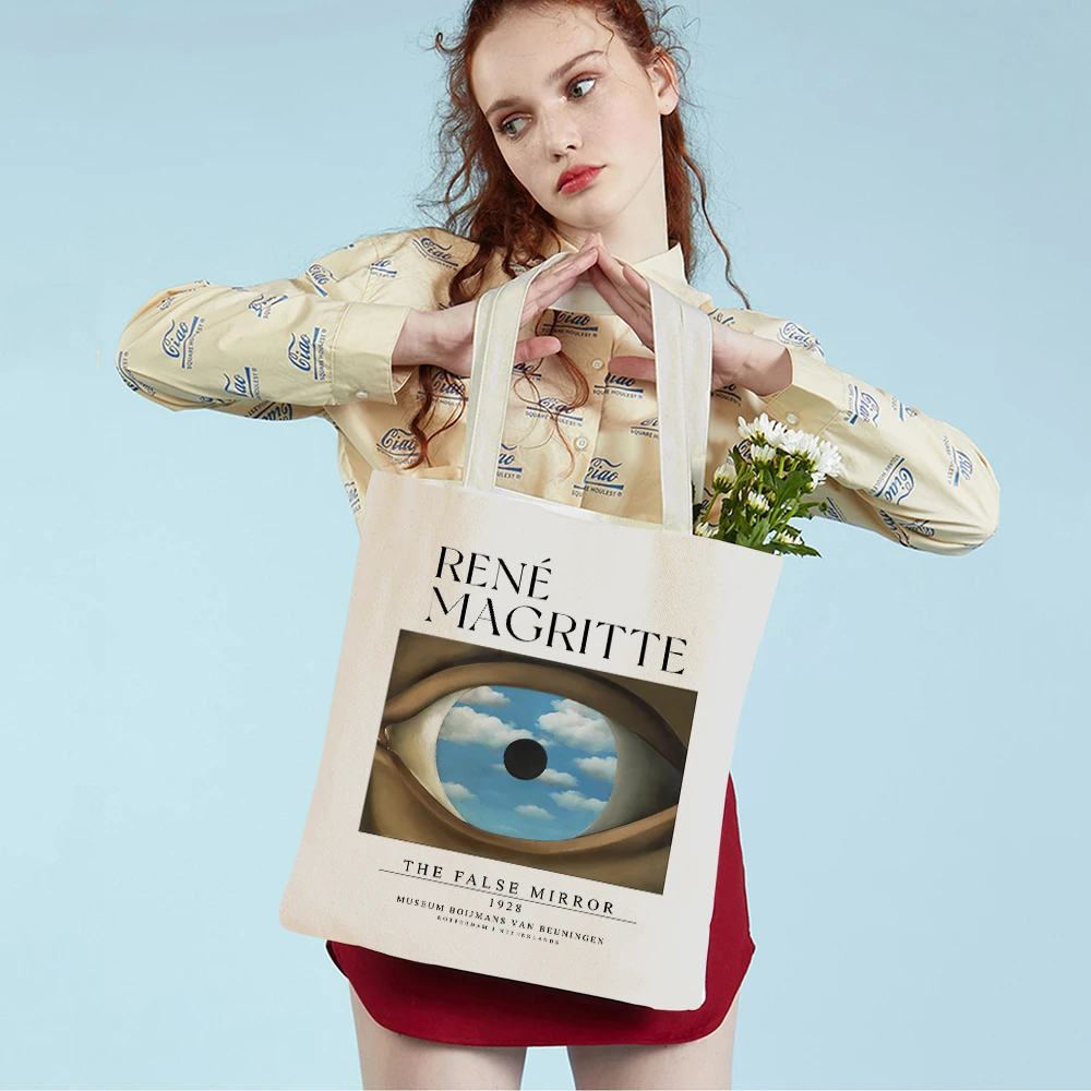 Magritte The Lovers Eye Pigeon Surrealism Lady Shopping Bag Supermarket Travel Tote Handbag Casual Canvas Women Shopper Bags