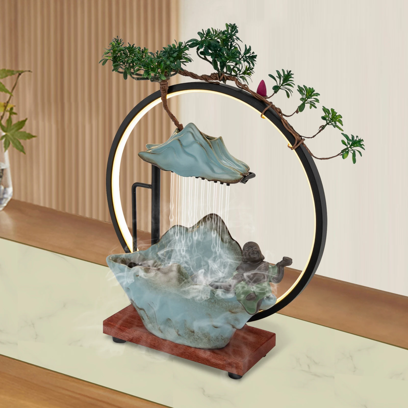 Fuente de cascada negra, fuente de cerámica de sobremesa con luces y bomba independiente 35*13*37cm para sala de estar, oficina