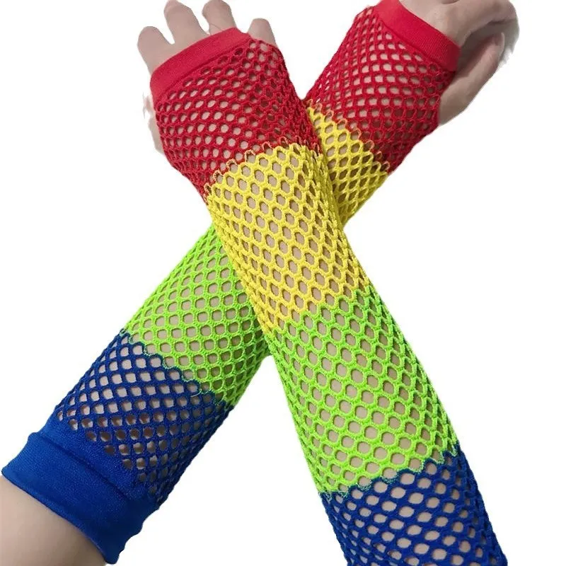 Arm Sleeves Long Fishnet Rainbow Chunky Mesh Half Finger Party Gloves Red White Blue Green Patriotic Color Premium Elastic Soft
