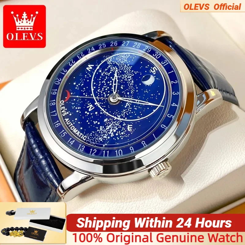 

Автоматические Мужские часы OLEVS, Звездный вращающийся циферблат, роскошный светящийся водонепроницаемый деловой телефон с кожаным ремешком для мужчин