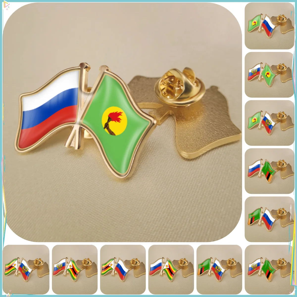

Russian Federation and Zaire Zambia Zimbabwe Double Crossed Friendship Flags Brooches Lapel Pins Badges